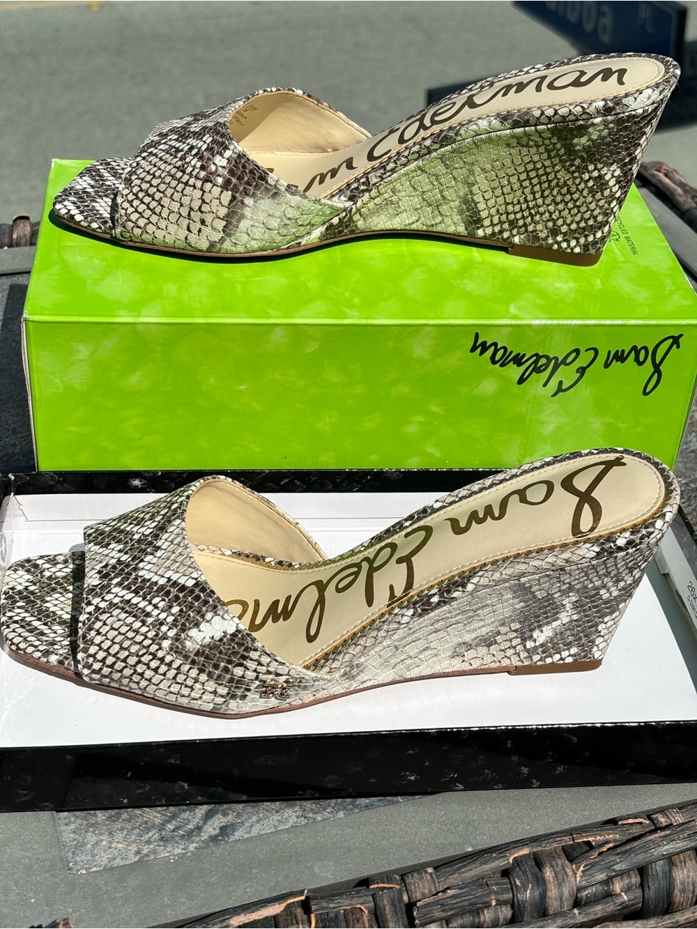 Sam Edelman Snake-Print Open-Toe Wedge Sandals in Neutral Tones